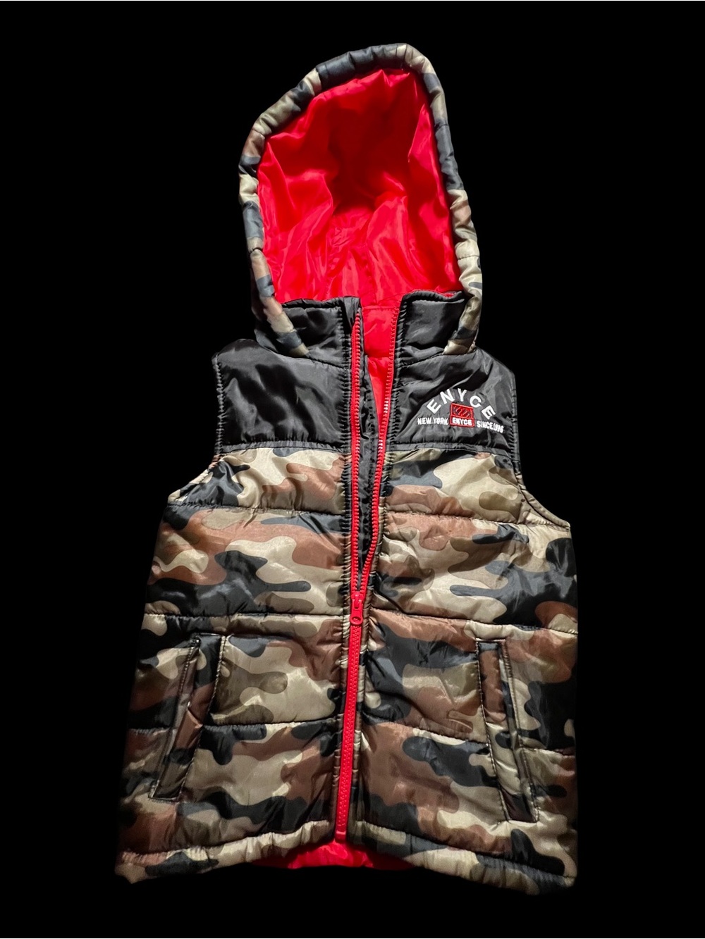 Enyce Kids Camo Puffer Vest with Bright Red Hood